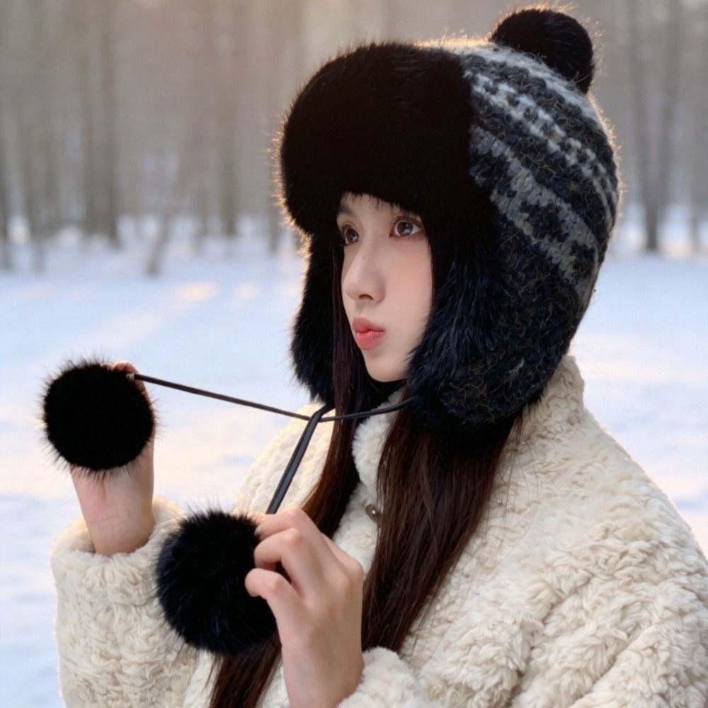 Trapper Hat Ear Flap - Stilvolle Polyester-Strickmütze mit Pompons, 55-58 cm