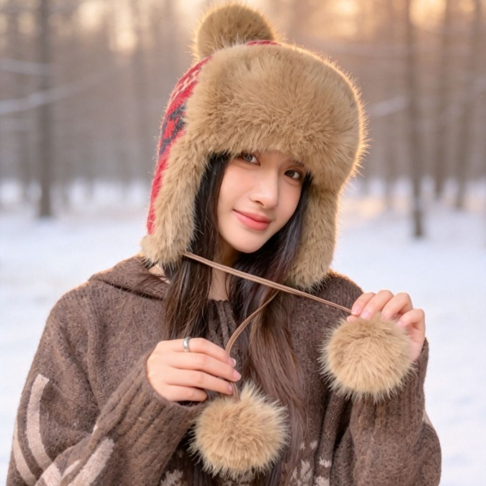 Trapper Hat Ear Flap - Stilvolle Polyester-Strickmütze mit Pompons, 55-58 cm
